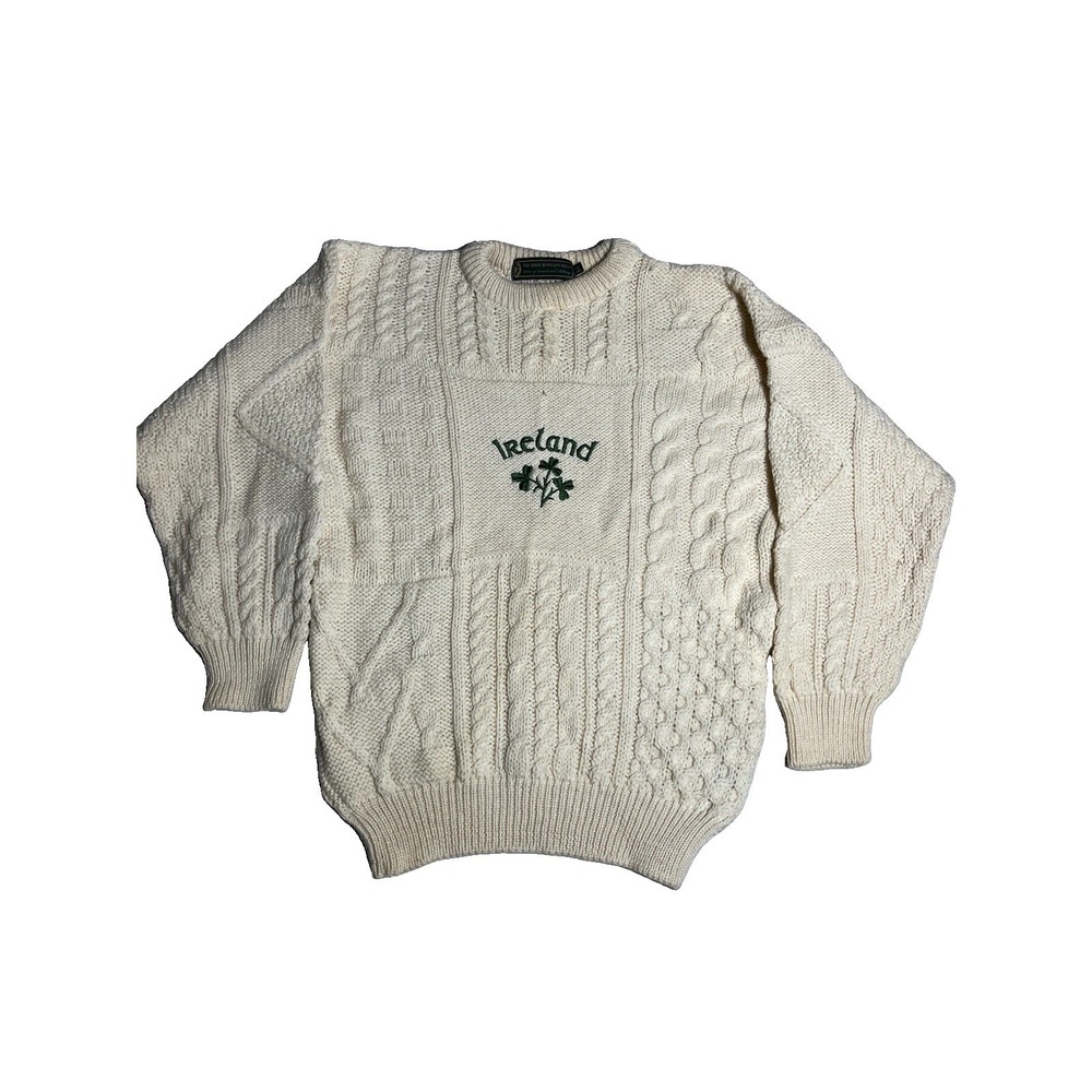 Vintage Irish Woollen Mills Sweater Mens M Wool Beige Aran Cable Knit Fisherman